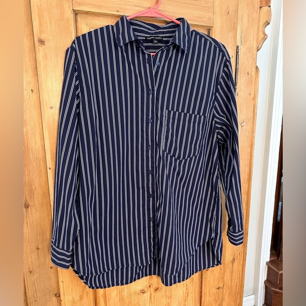 Modern Works Navy & White Striped Button Down Sz Large Work Or Play